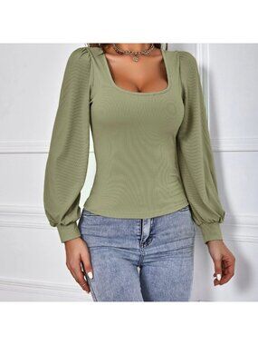 LAST ONE 🔥 Khaki Green Long Sleeved  Ribbed Tee
